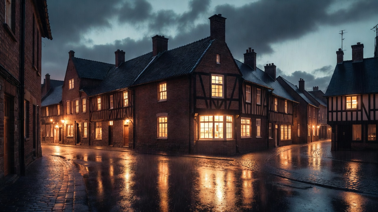 Rainy Night Tudor Street Cobblestones Rainy Night Tudor Street Cobblestones