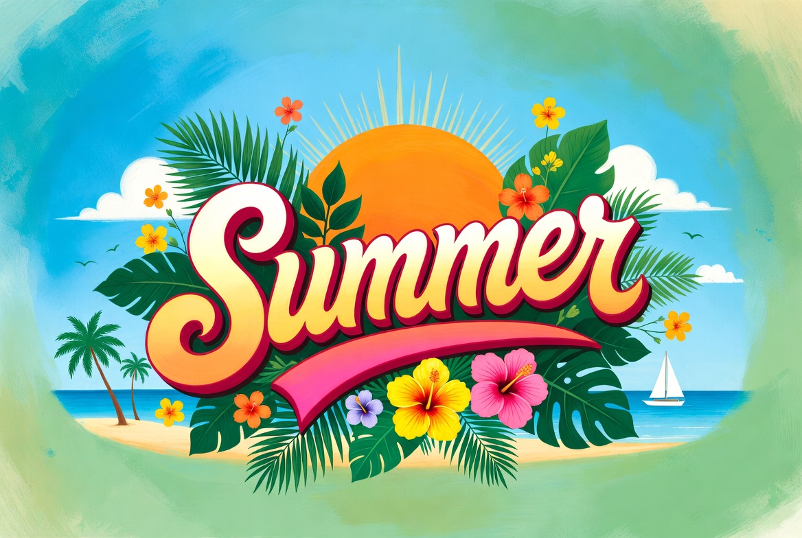 Vibrant Summer Illustration with Beach Elements Vibrant Summer Illustration with Beach Elements