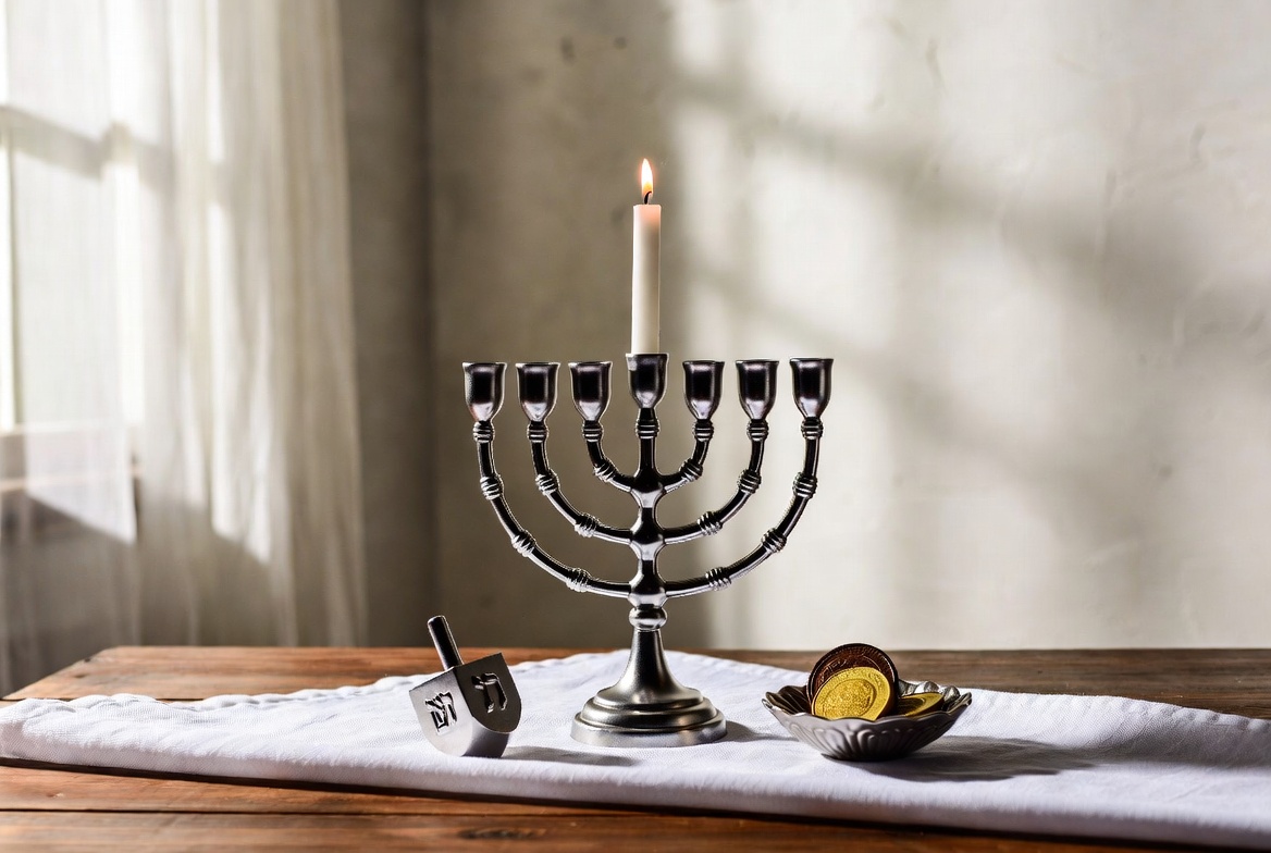 Menorah with Dreidel and Hanukkah Gelt Menorah with Dreidel and Hanukkah Gelt