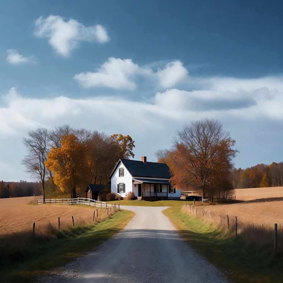 White farmhouse on gravel road White farmhouse on gravel road