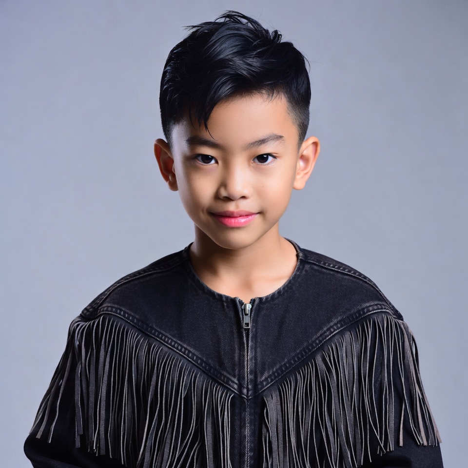 Asian boy in fringed denim jacket Asian boy in fringed denim jacket