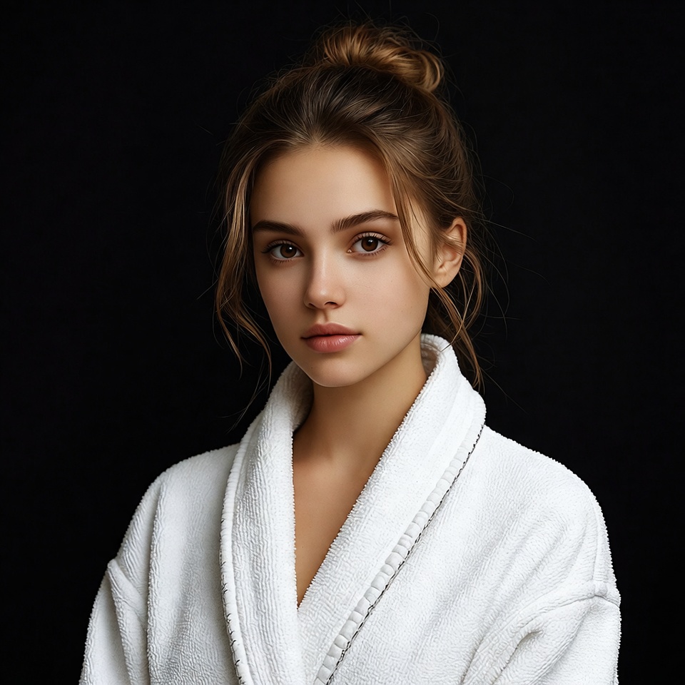 Woman in white bathrobe with bun Woman in white bathrobe with bun