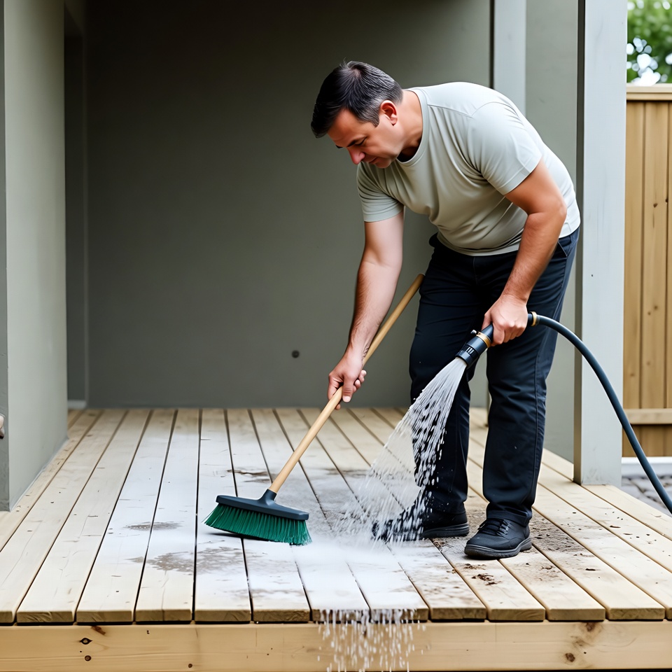 Man washing deck with hose and broom Man washing deck with hose and broom