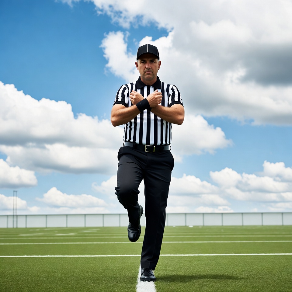 Referee lifting leg on football field Referee lifting leg on football field