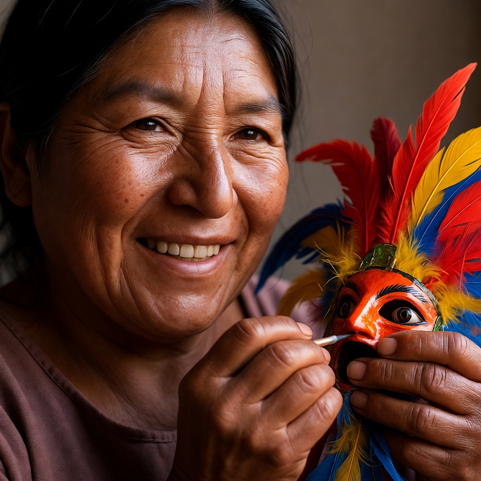 Indigenous woman painting feathered mask Indigenous woman painting feathered mask