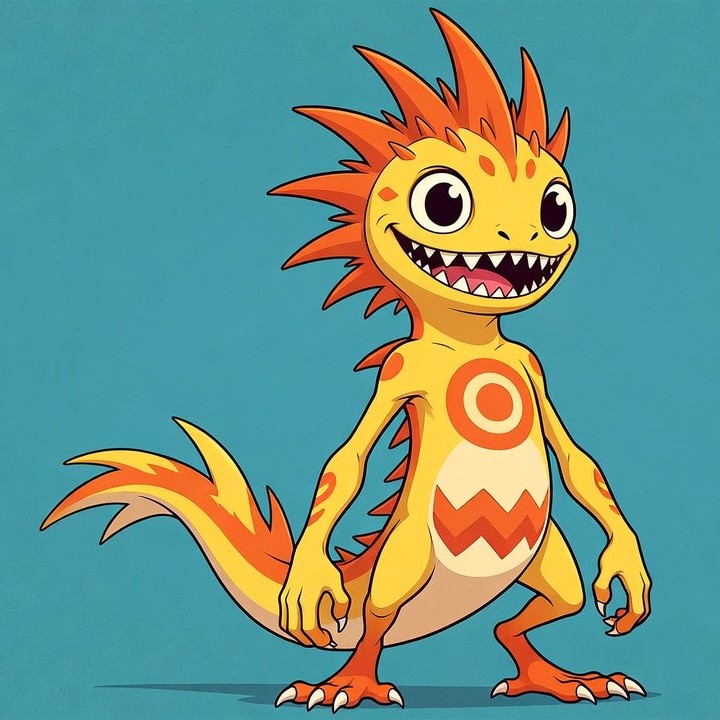 Smiling yellow cartoon lizard creature Smiling yellow cartoon lizard creature