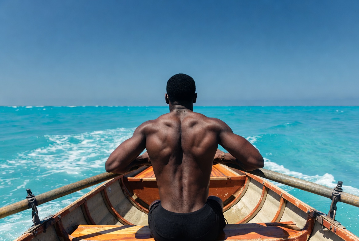 Muscular Black Man Rowing in Ocean Muscular Black Man Rowing in Ocean