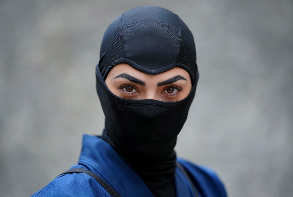 Woman in black balaclava and blue ninja outfit Woman in black balaclava and blue ninja outfit