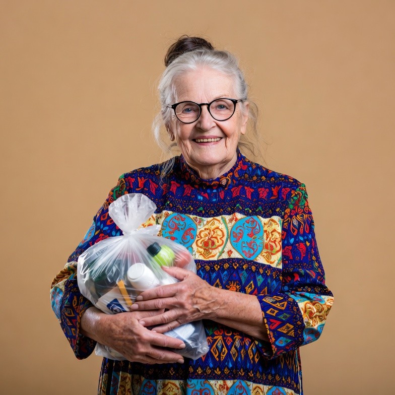 Elderly woman holding plastic bag Elderly woman holding plastic bag