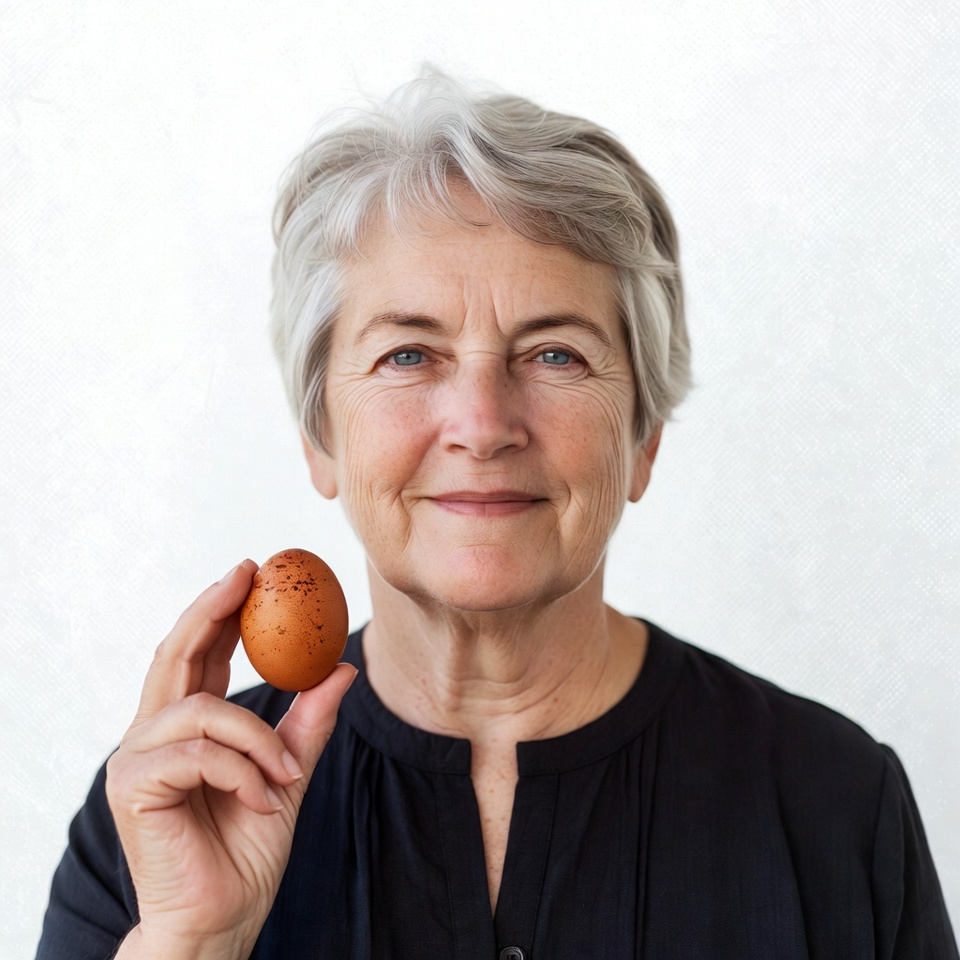 Elderly woman holding brown egg Elderly woman holding brown egg