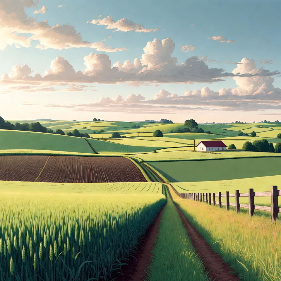 Rolling Green Fields with Red House Rolling Green Fields with Red House
