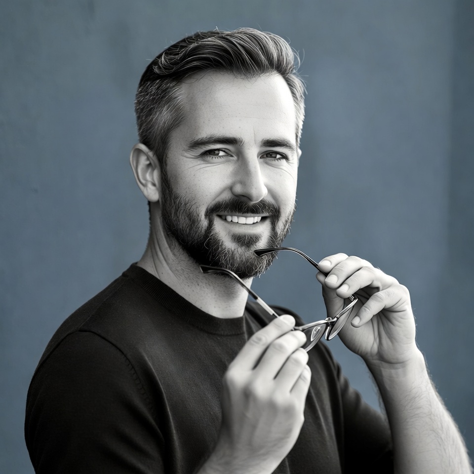 Man holding glasses smiling Man holding glasses smiling