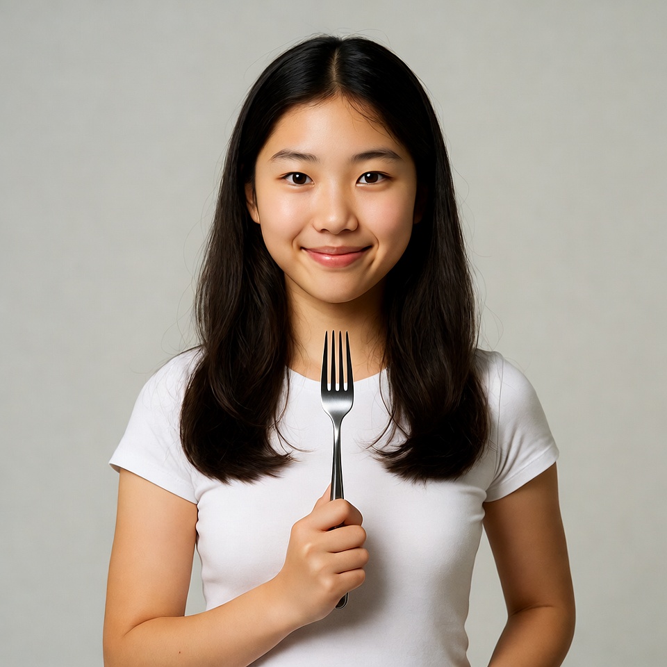 Asian girl holding fork Asian girl holding fork