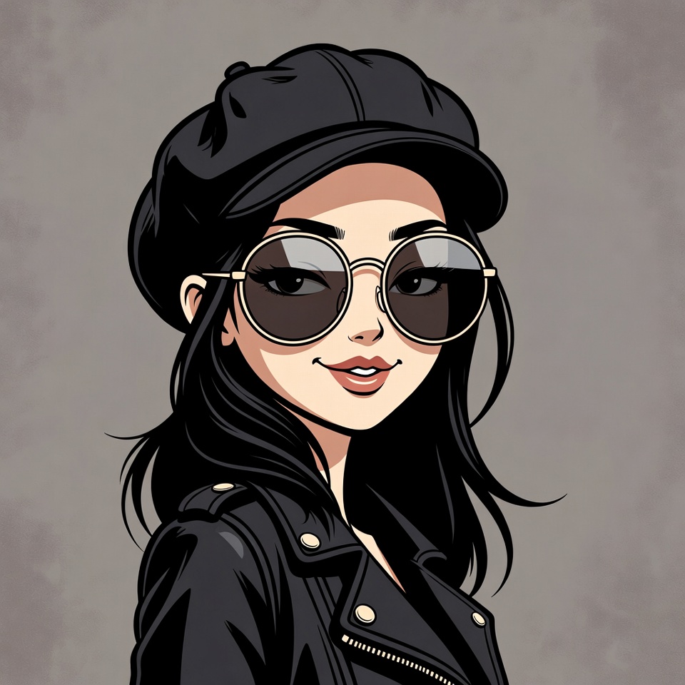 Asian woman in black beret and sunglasses Asian woman in black beret and sunglasses