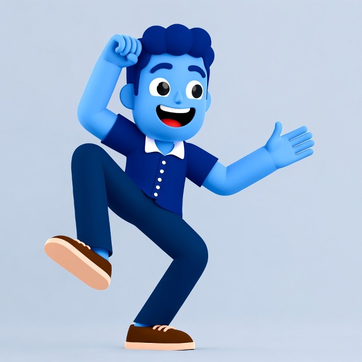 Blue cartoon boy dancing happily Blue cartoon boy dancing happily