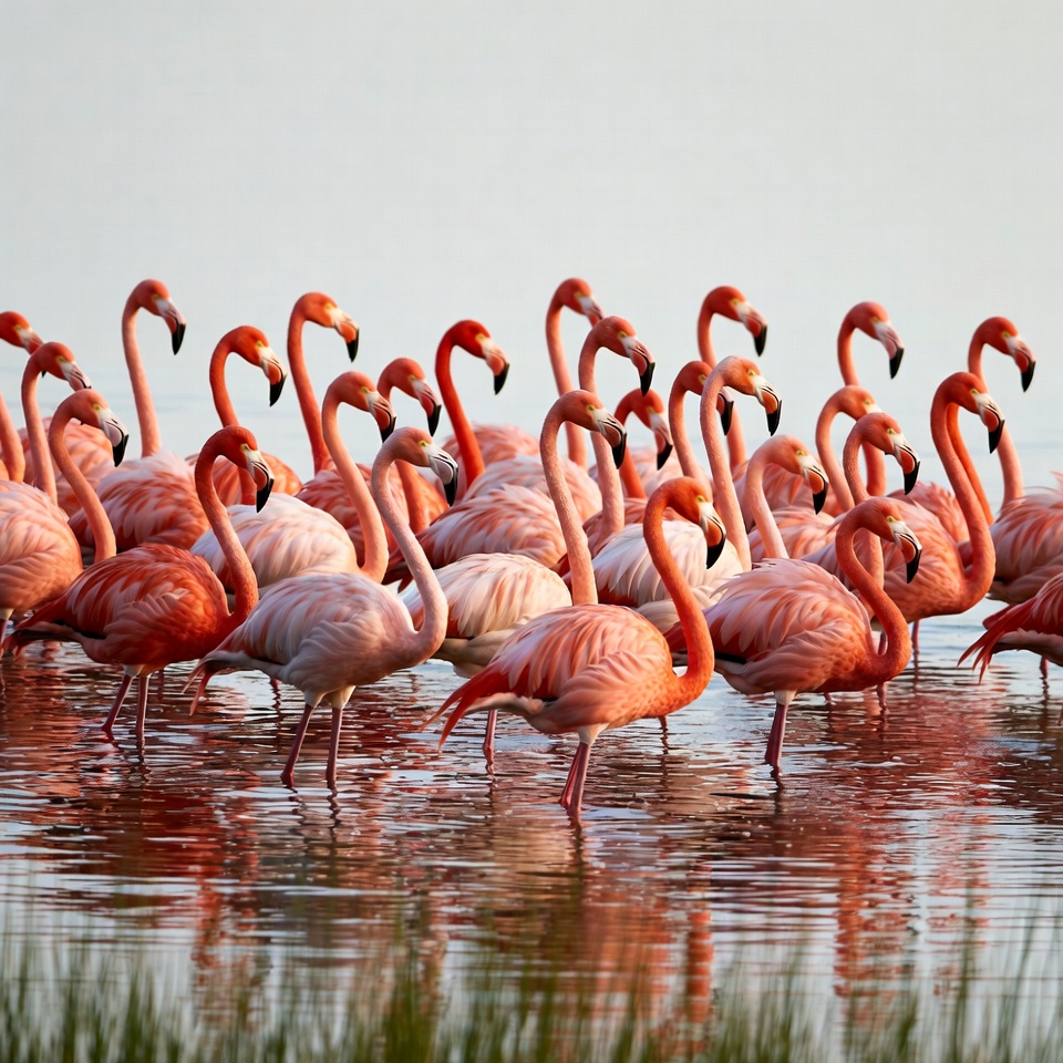 Flock of pink flamingos in shallow water Flock of pink flamingos in shallow water