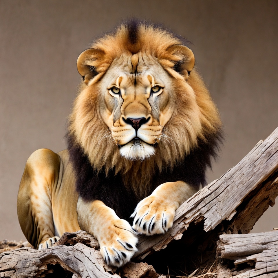 Lion resting on log Lion resting on log