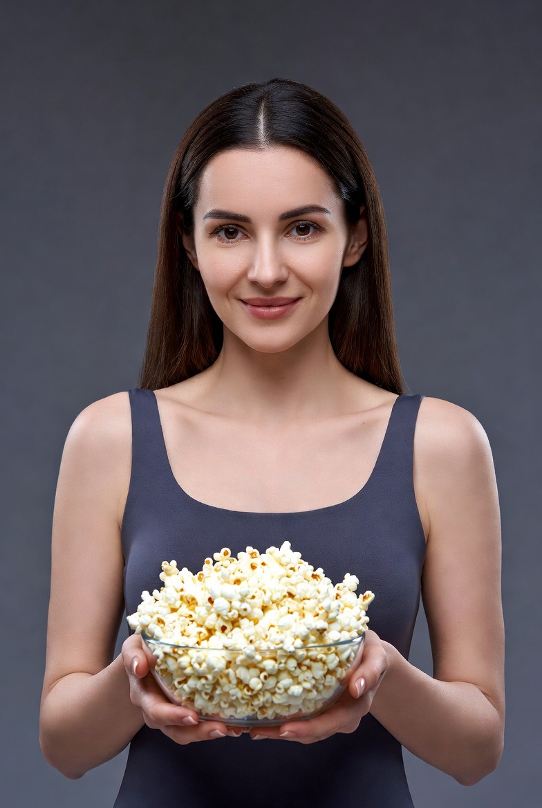 Woman holding bowl of popcorn Woman holding bowl of popcorn
