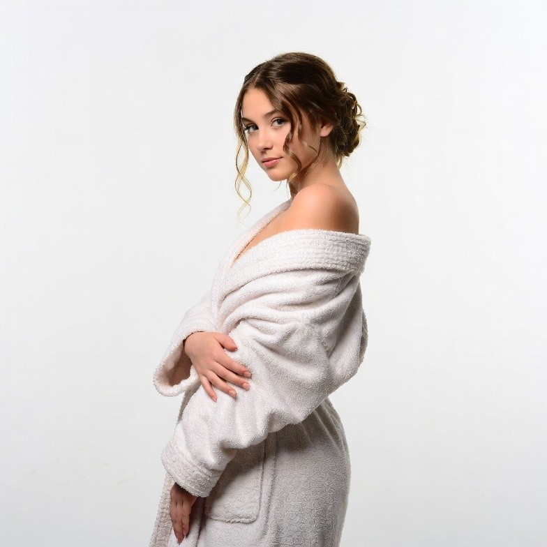 Young woman in white bathrobe Young woman in white bathrobe