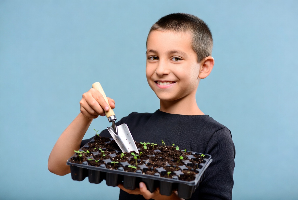 Boy holding seedlings tray with trowel Boy holding seedlings tray with trowel