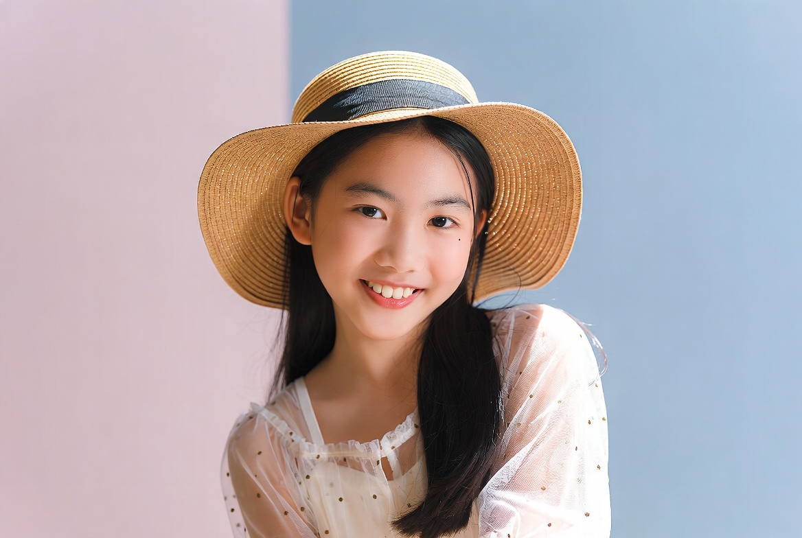Asian girl smiling in straw hat Asian girl smiling in straw hat