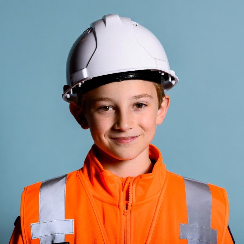 Boy wearing hard hat and hi-vis vest Boy wearing hard hat and hi-vis vest