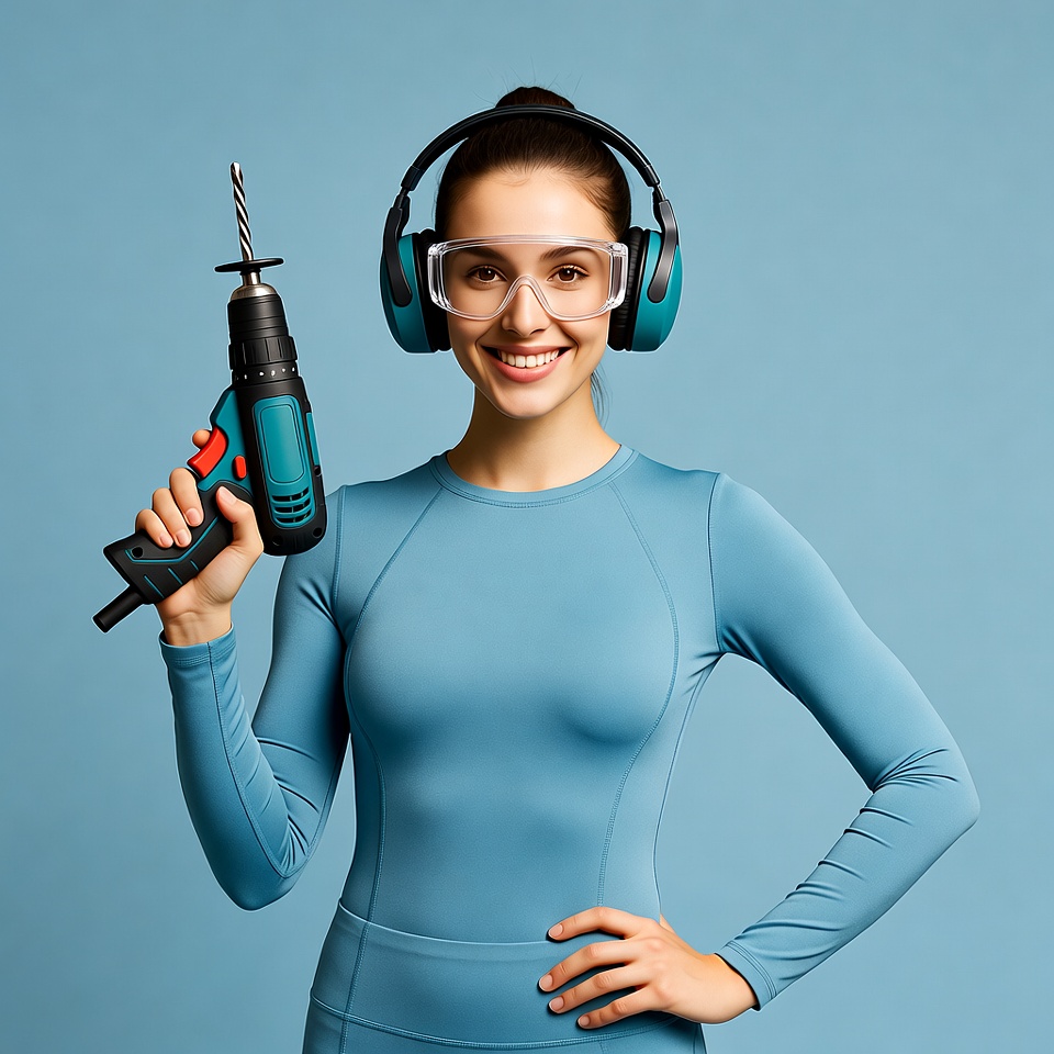 Woman holding drill with safety gear Woman holding drill with safety gear