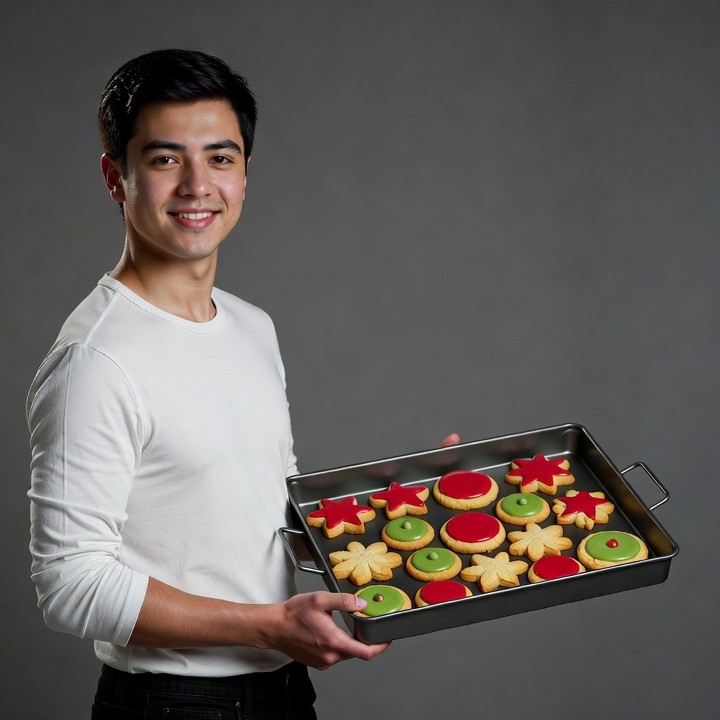 Asian man holding Christmas cookies Asian man holding Christmas cookies
