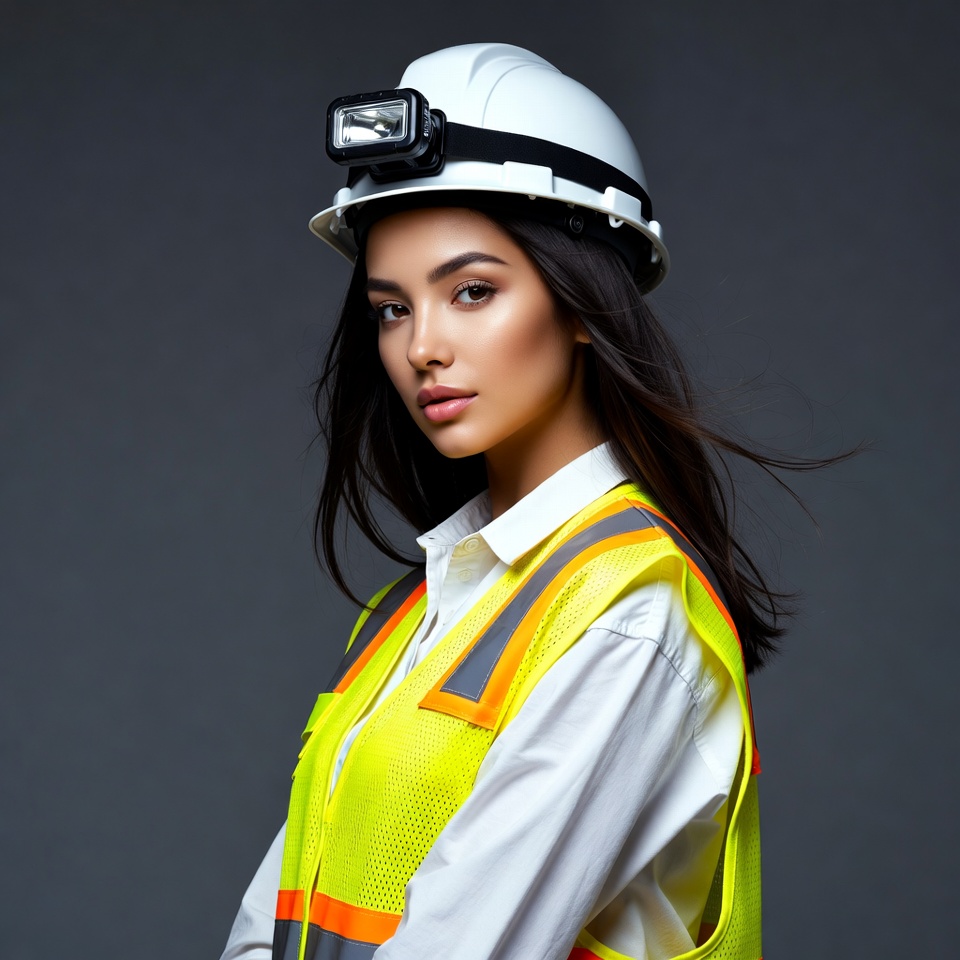 Asian woman in hard hat and vest Asian woman in hard hat and vest
