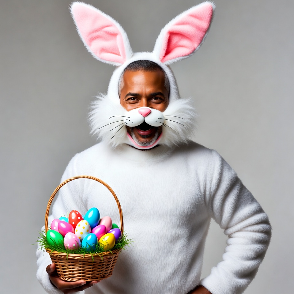 Black man in bunny costume holding Easter eggs Black man in bunny costume holding Easter eggs