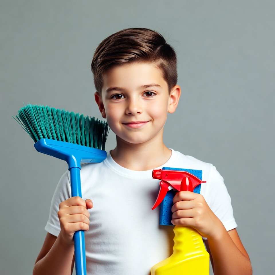 Boy holding broom and cleaning spray Boy holding broom and cleaning spray