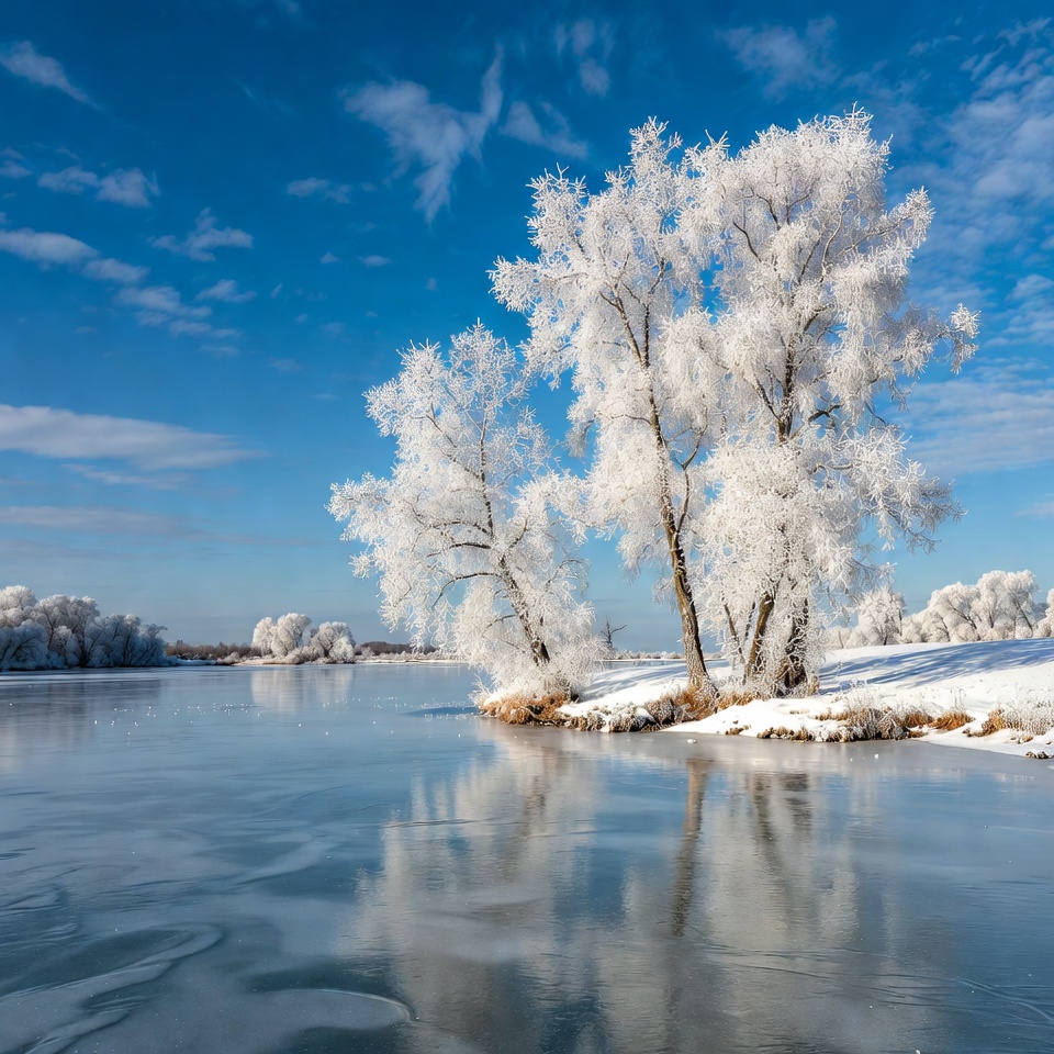 Frost-covered trees by frozen lake Frost-covered trees by frozen lake