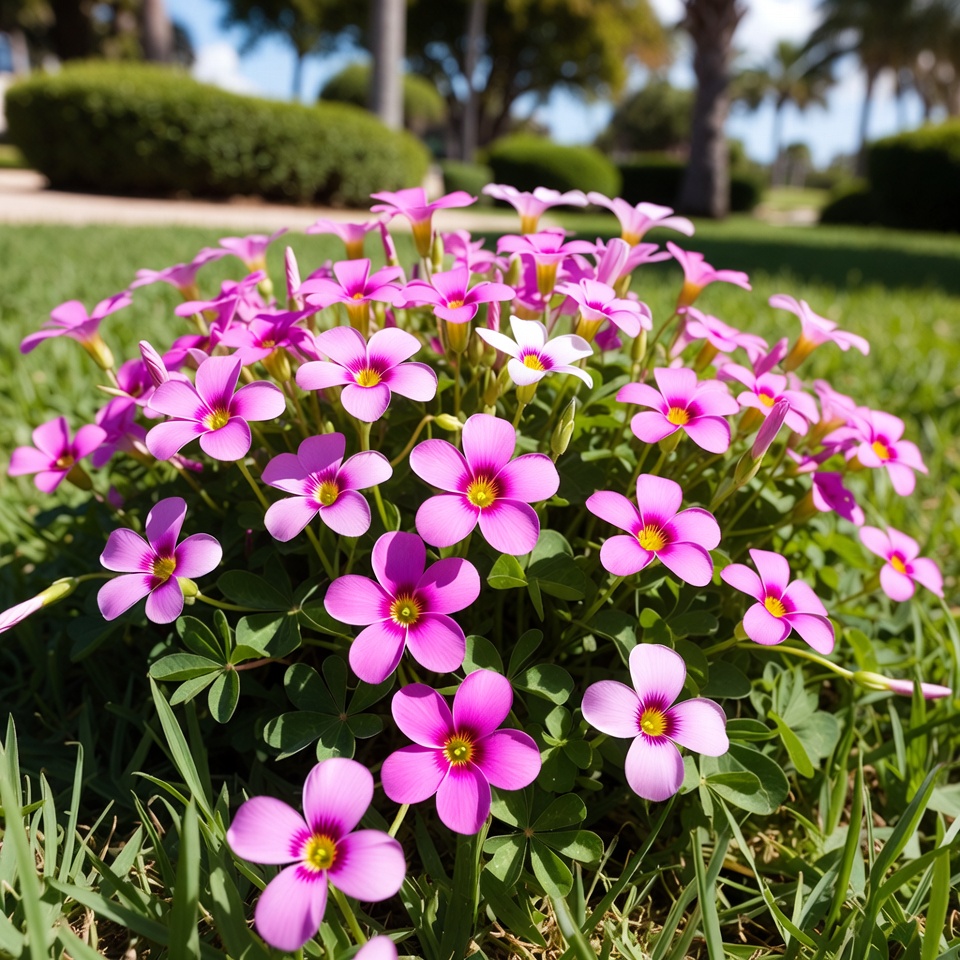 Pink Oxalis Flowers in Grass Pink Oxalis Flowers in Grass