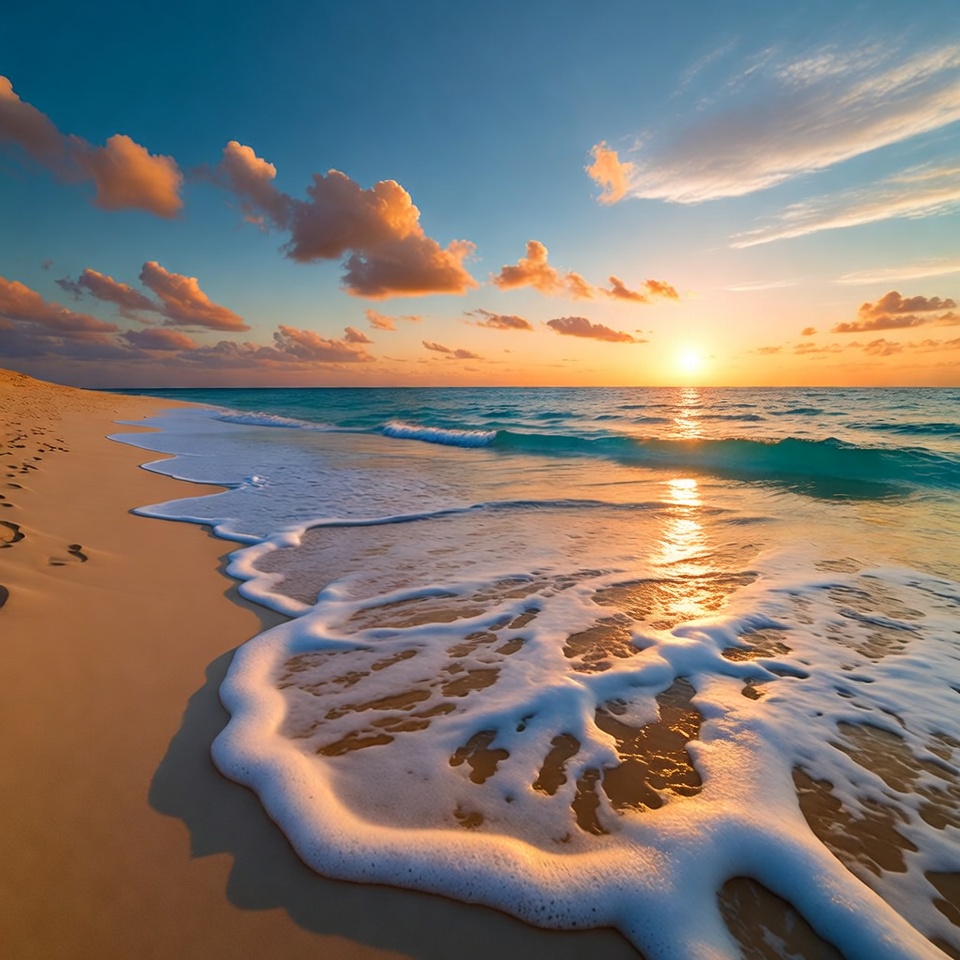 Sunset Beach with Footprints Waves Sunset Beach with Footprints Waves