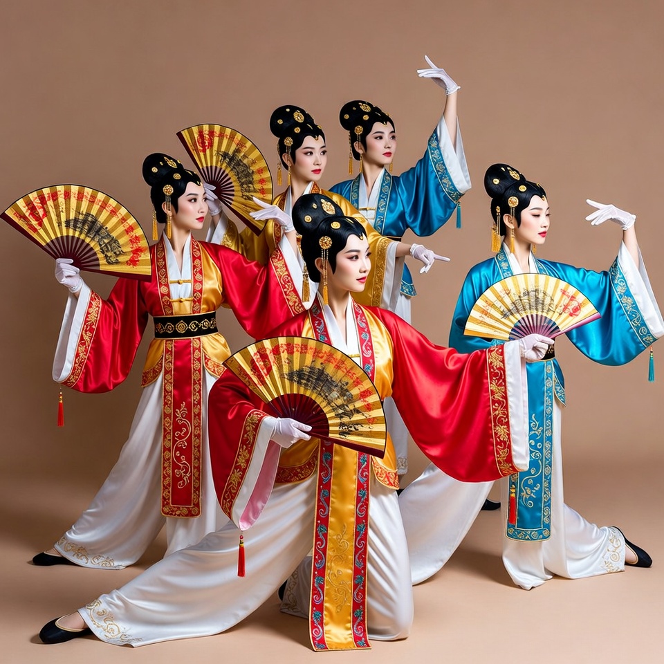 Six Asian women in Chinese fan dance Six Asian women in Chinese fan dance