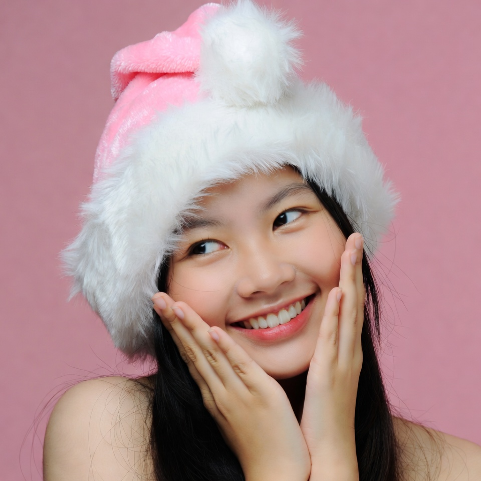 Asian girl in pink Santa hat Asian girl in pink Santa hat
