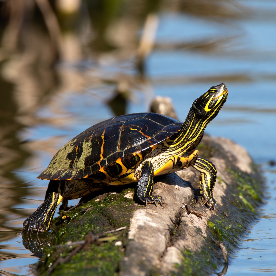 Red-eared slider turtle on log Red-eared slider turtle on log