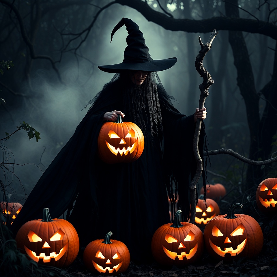 Witch holding pumpkin in dark forest Witch holding pumpkin in dark forest