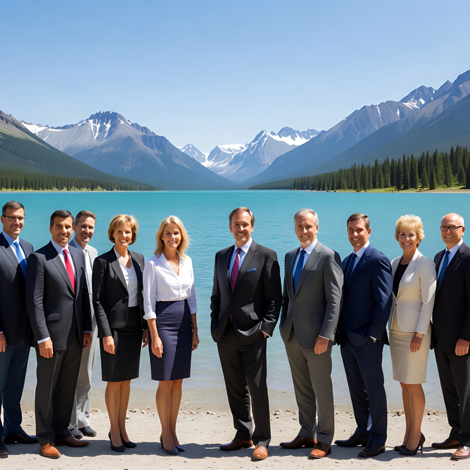 Business professionals group by mountain lake Business professionals group by mountain lake