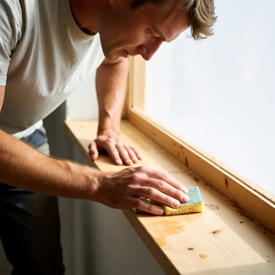 Man cleaning window sill with sponge Man cleaning window sill with sponge