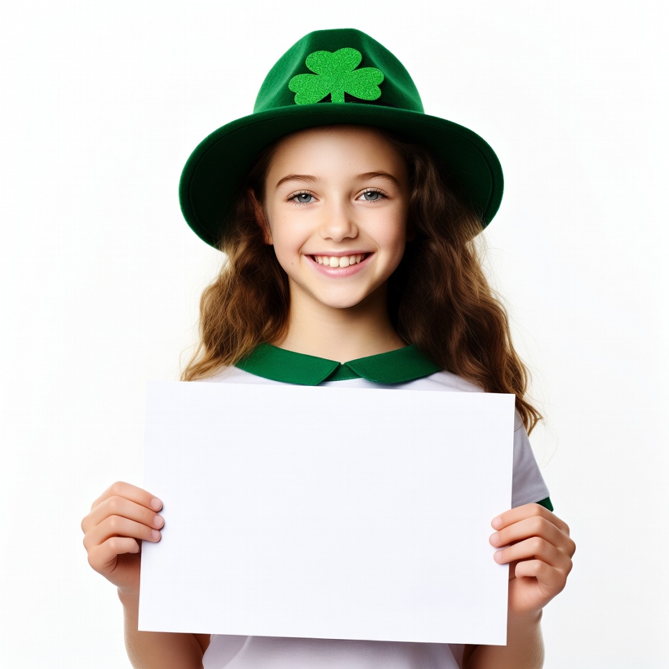 Girl holding blank sign in shamrock hat Girl holding blank sign in shamrock hat
