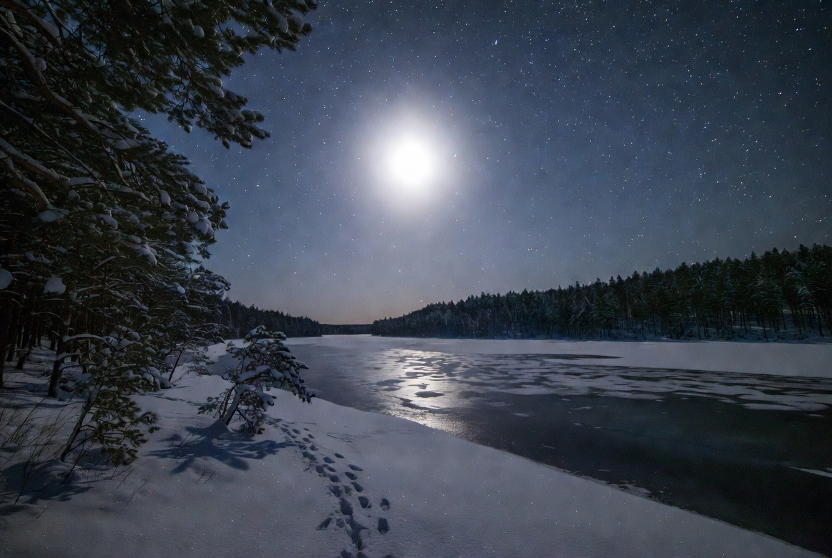 Moonlit Frozen Lake in Snowy Forest Moonlit Frozen Lake in Snowy Forest