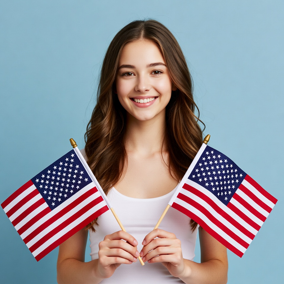 Young woman holding American flags Young woman holding American flags