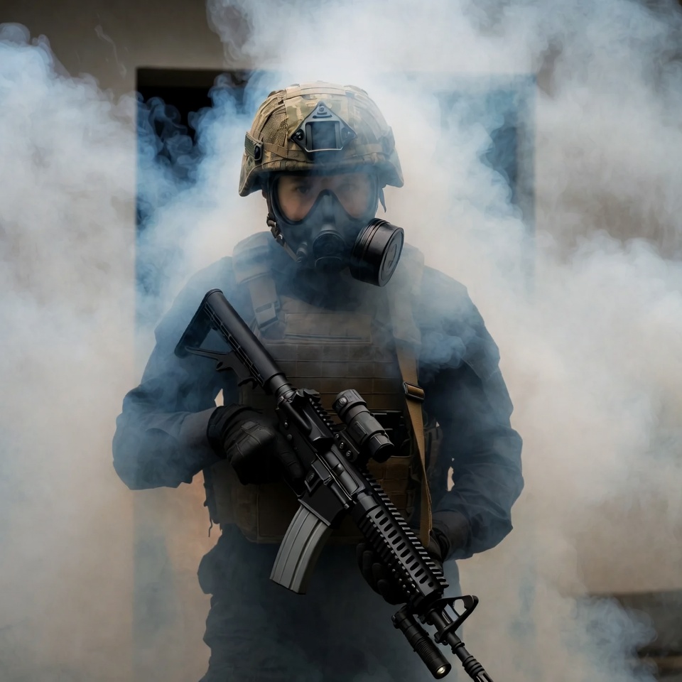 Soldier with rifle in smoke Soldier with rifle in smoke