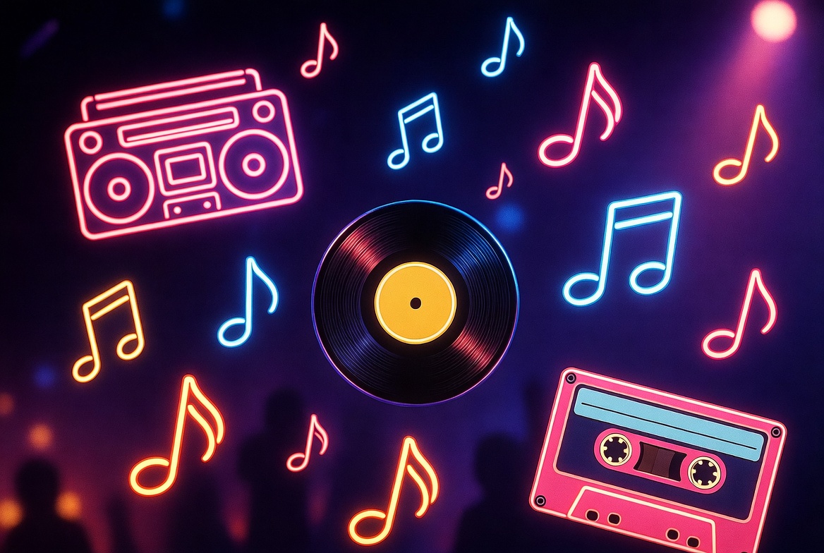 Neon Retro Music Icons Illustration Neon Retro Music Icons Illustration