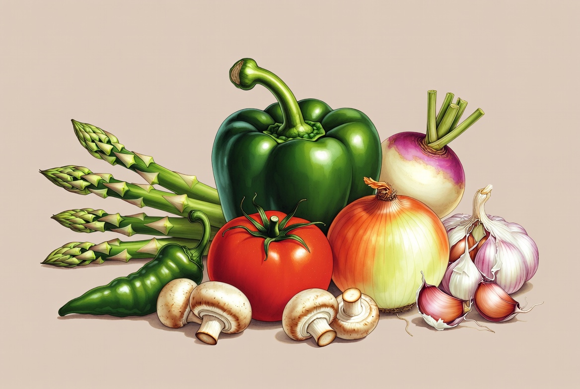 Fresh vegetables asparagus peppers mushrooms onions Fresh vegetables asparagus peppers mushrooms onions