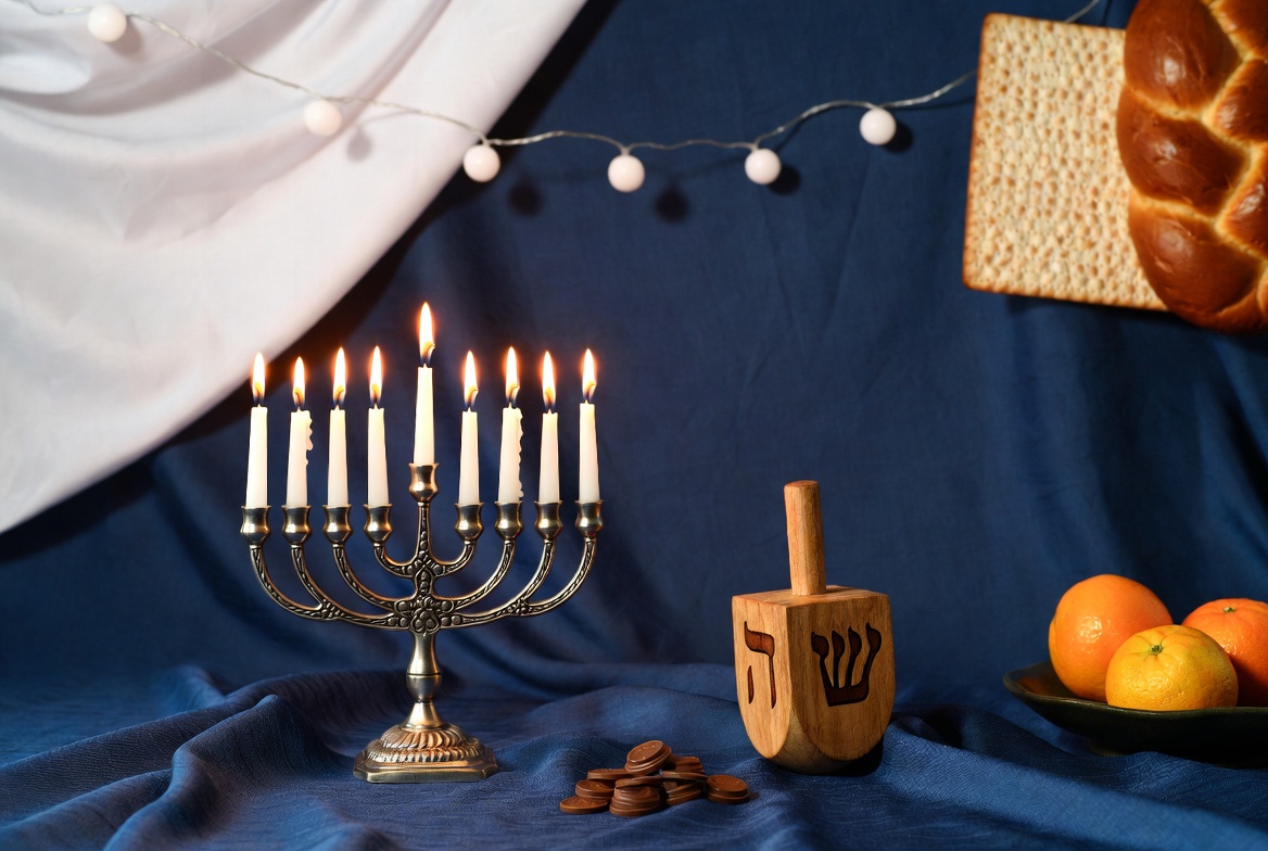 Lit Hanukkah Menorah with Dreidel and Challah Lit Hanukkah Menorah with Dreidel and Challah