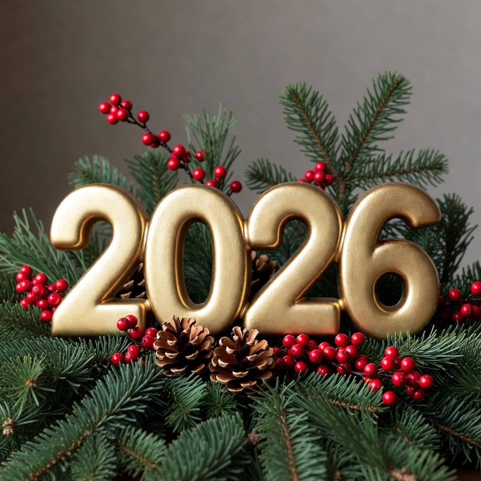 Golden 2026 Numbers with Christmas Greenery Golden 2026 Numbers with Christmas Greenery