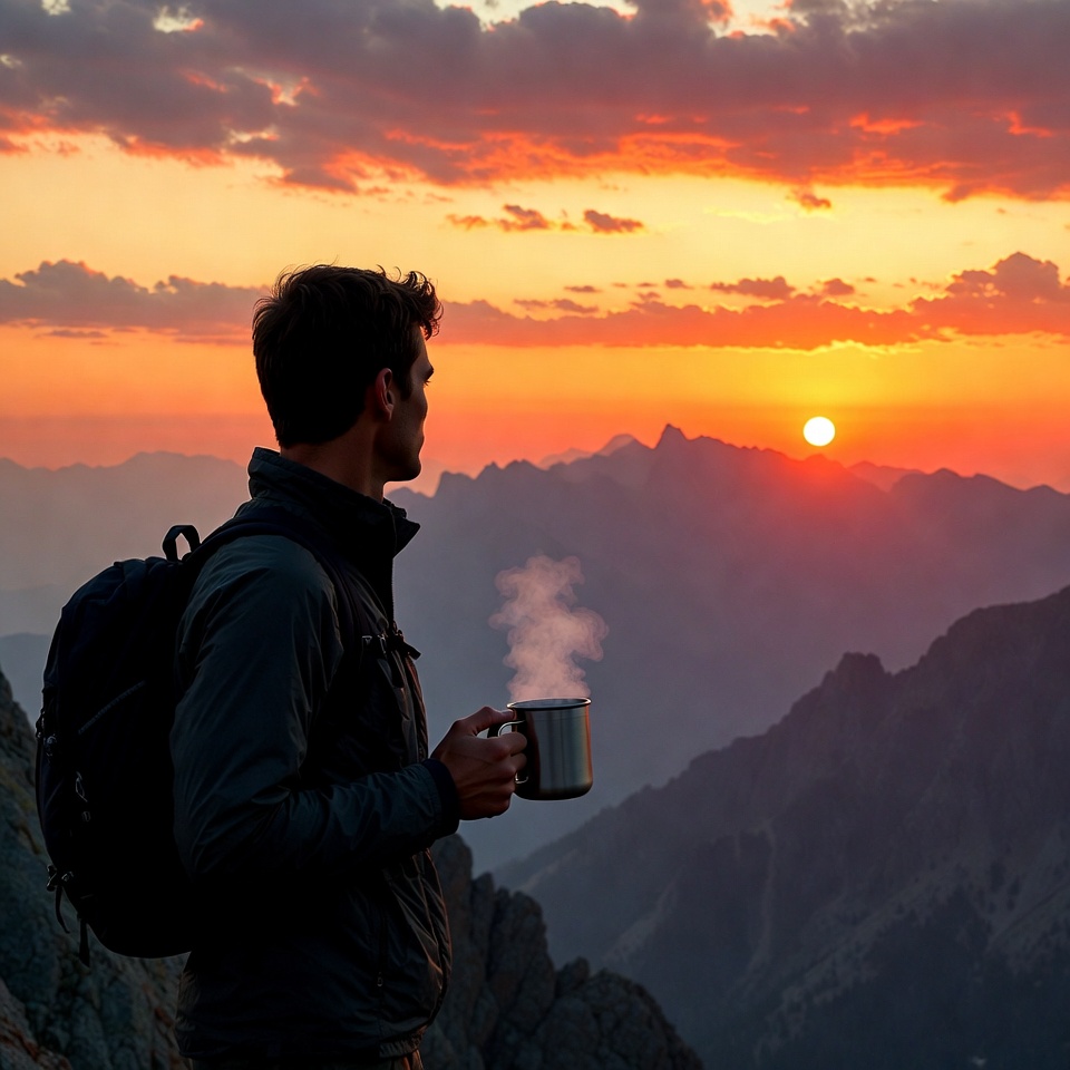 Man sipping coffee at mountain sunset Man sipping coffee at mountain sunset