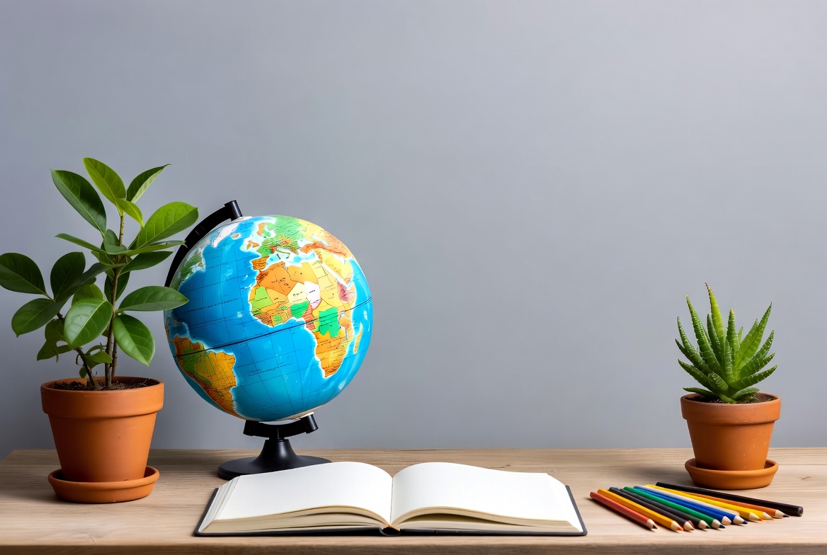 Globe with Open Notebook and Potted Plants Globe with Open Notebook and Potted Plants
